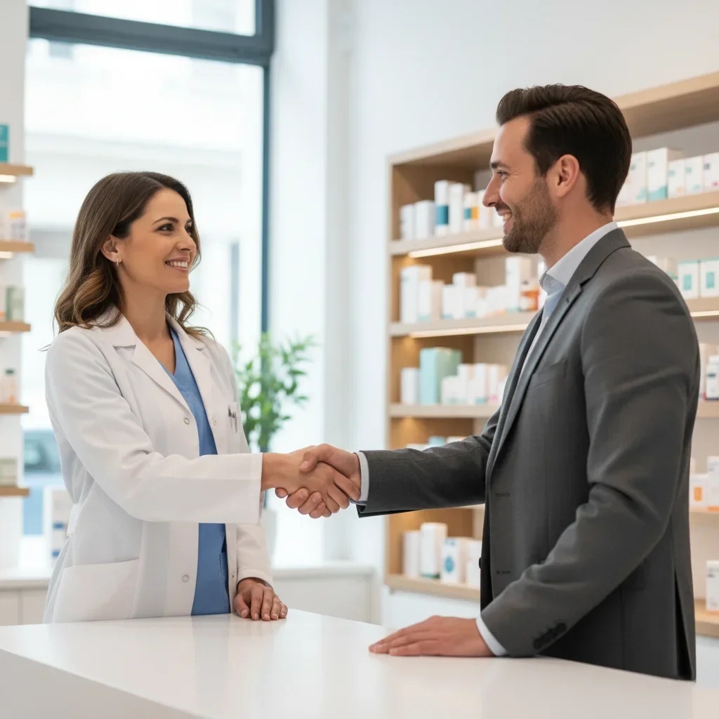 LifeNest pharmacist shaking hands with business partner, representing trusted exclusive distribution of premium health brands in Cyprus