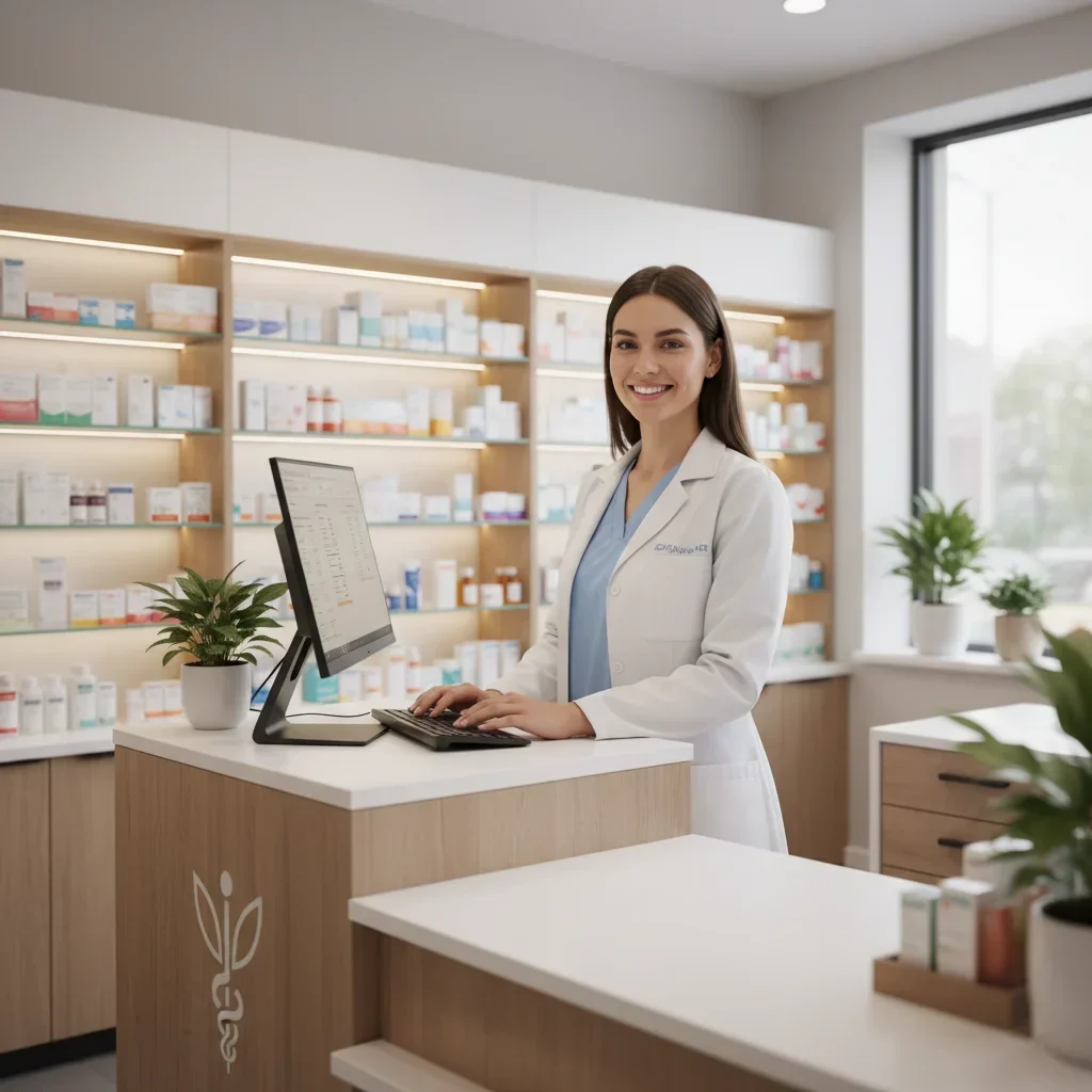 Smiling pharmacist at LifeNest assisting customers in a modern pharmacy, representing exclusive distribution of premium health and wellness brands in Cyprus
