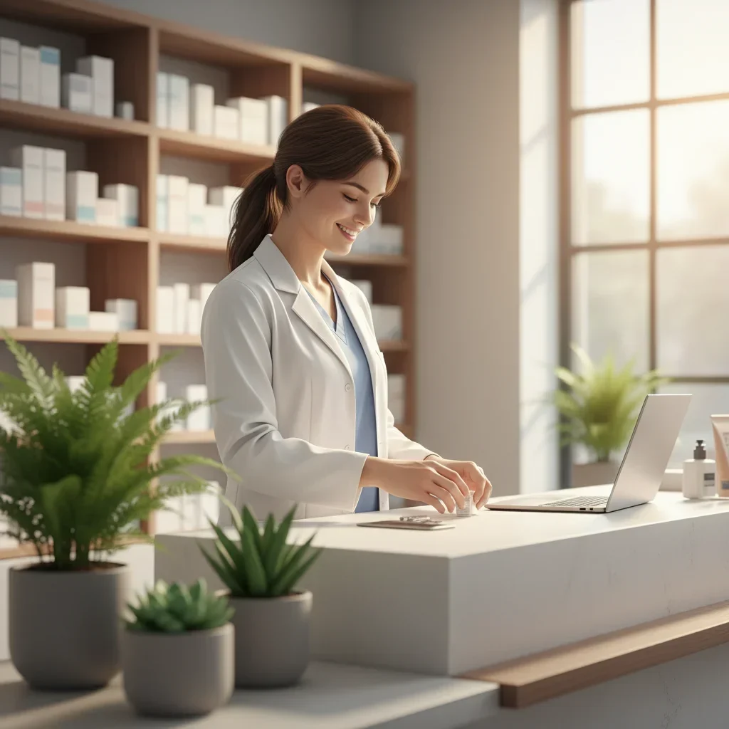 Pharmacist at LifeNest preparing premium health products in a modern pharmacy, representing exclusive distribution of wellness brands in Cyprus