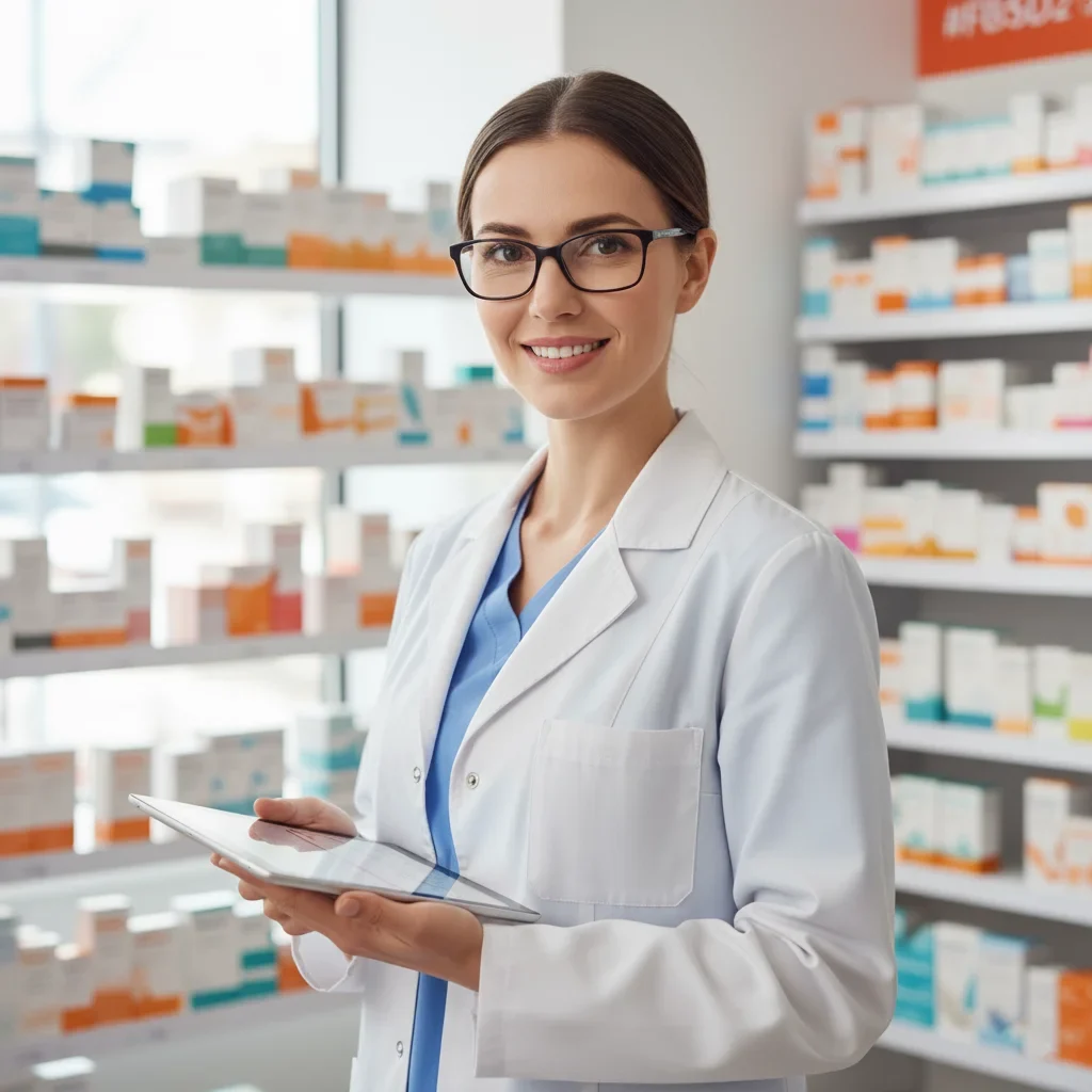 Pharmacist using digital tablet in modern pharmacy, representing LifeNest as the exclusive distributor of premium health brands in Cyprus